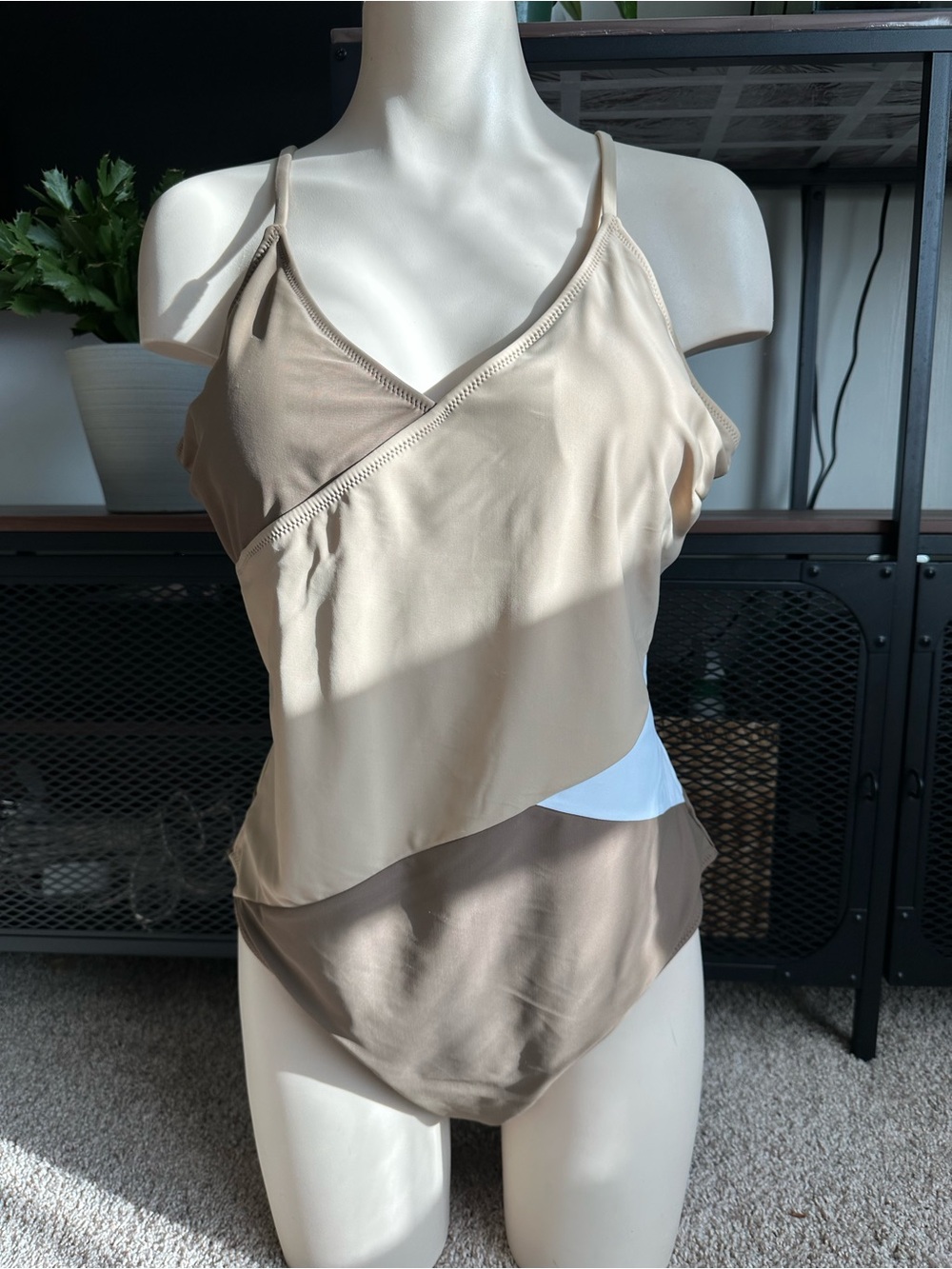 Neutral Colorblock Wrap-Front One-Piece Swimsuit